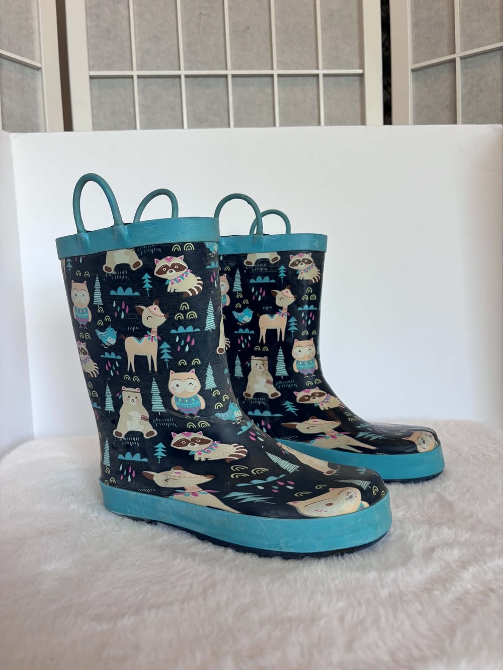 Western Chief Teal and Navy Woodland Animal Kids Rain Boots